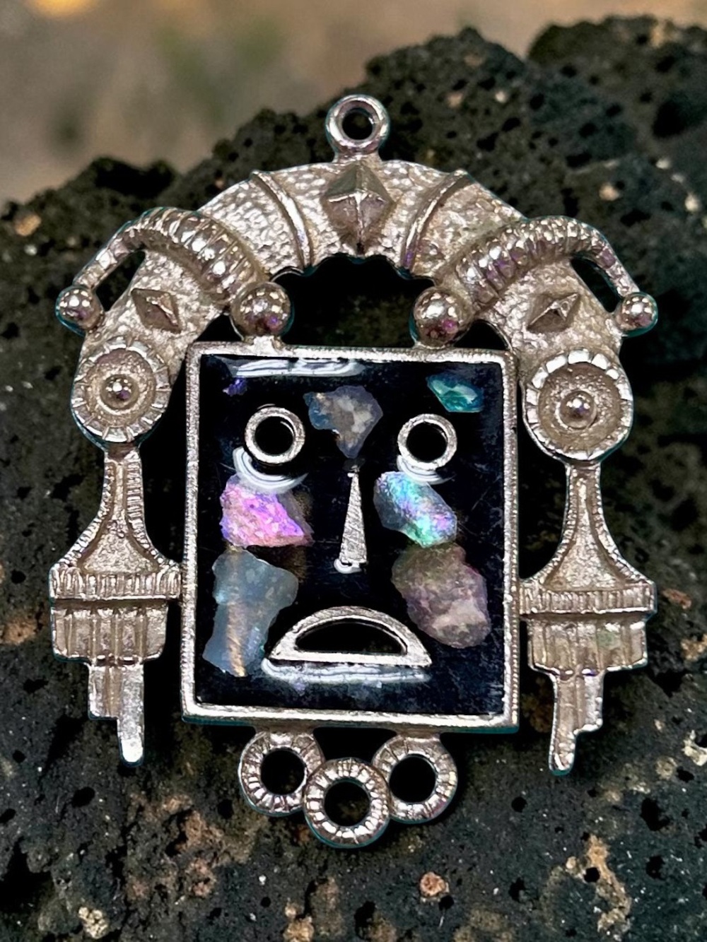 Aztec Mayan Mexico Silver Mask Pendant Abalone